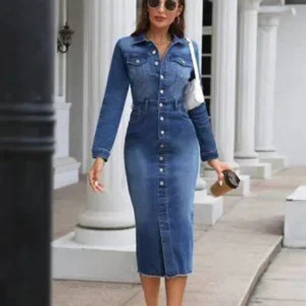 ZARA Medium Elegant Womens Wash Flap Pocket Raw Cut Denim Dress
